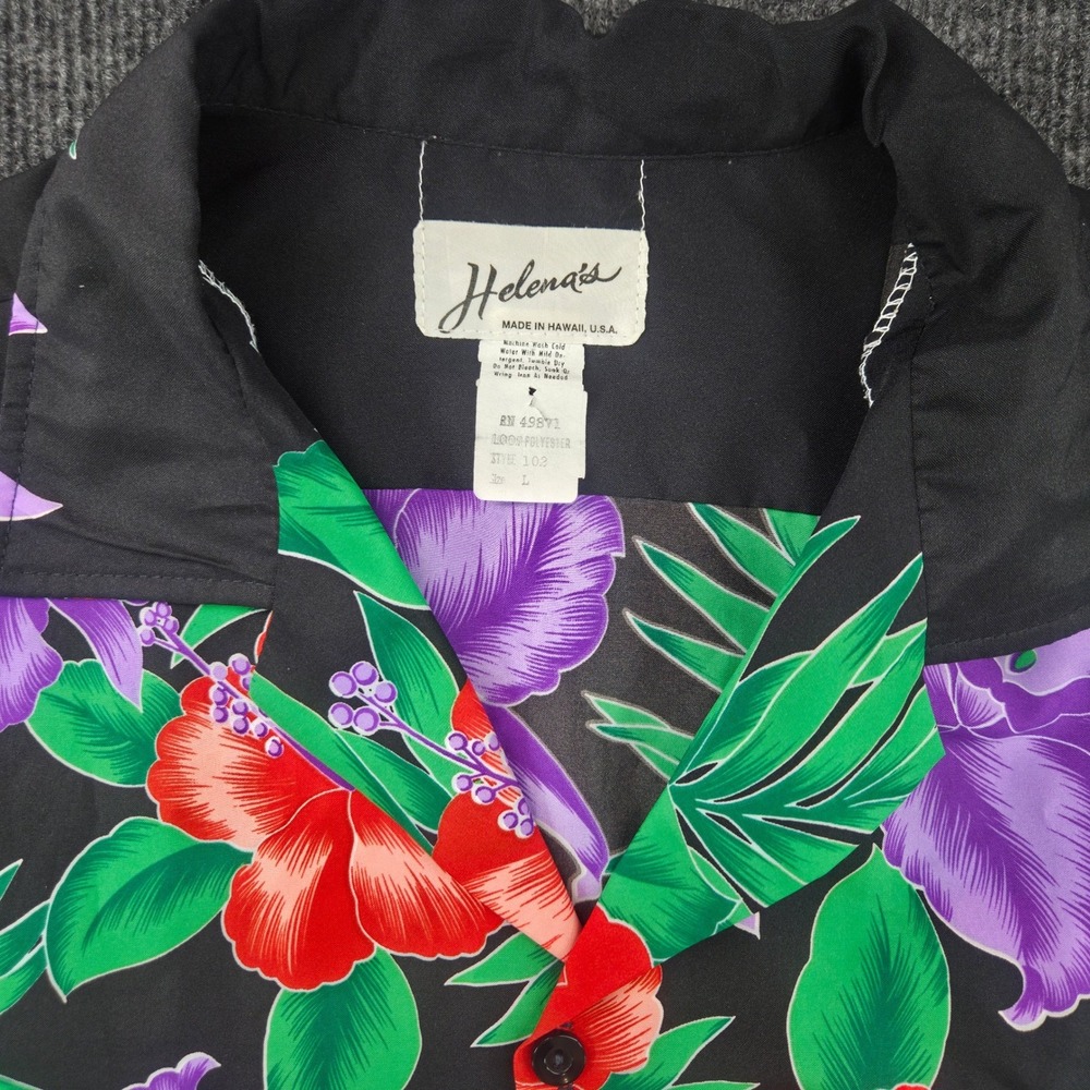 Helena's Hawaiian Shirt Mens L Black Floral Hibiscus Orchid Button Up Beachy USA